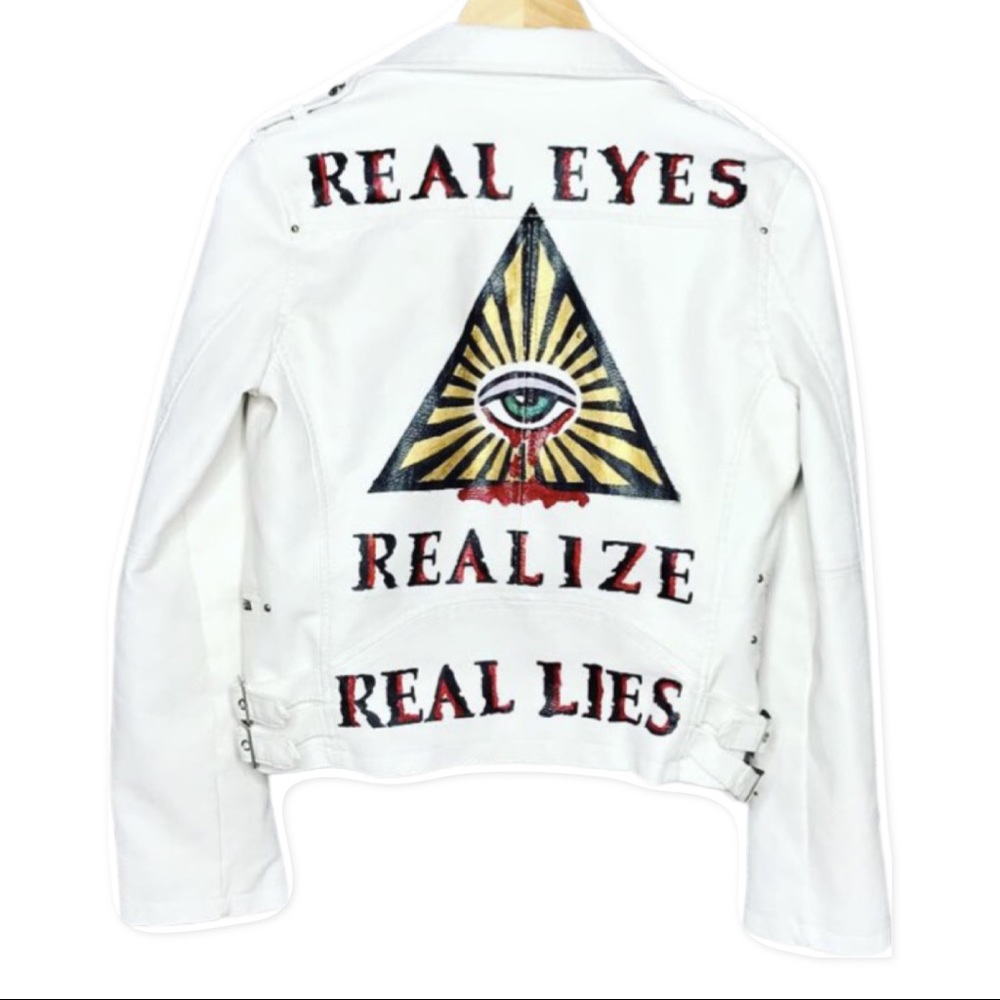 Custom Painted faux vegan leather BLANK NYC white jacket sz S